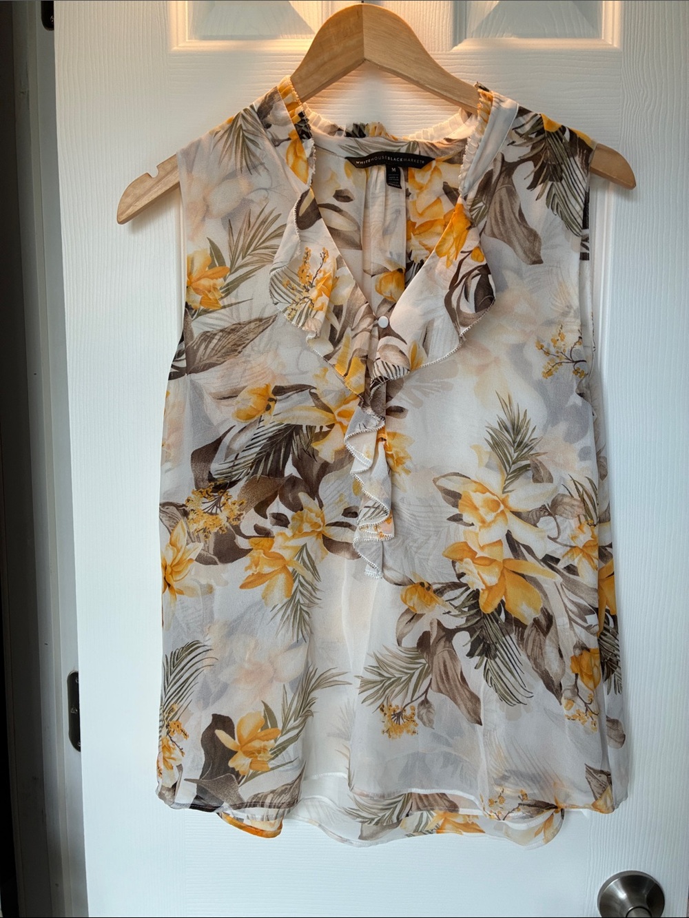 White House Black Market Yellow Floral Ruffle V-Neck Camisole